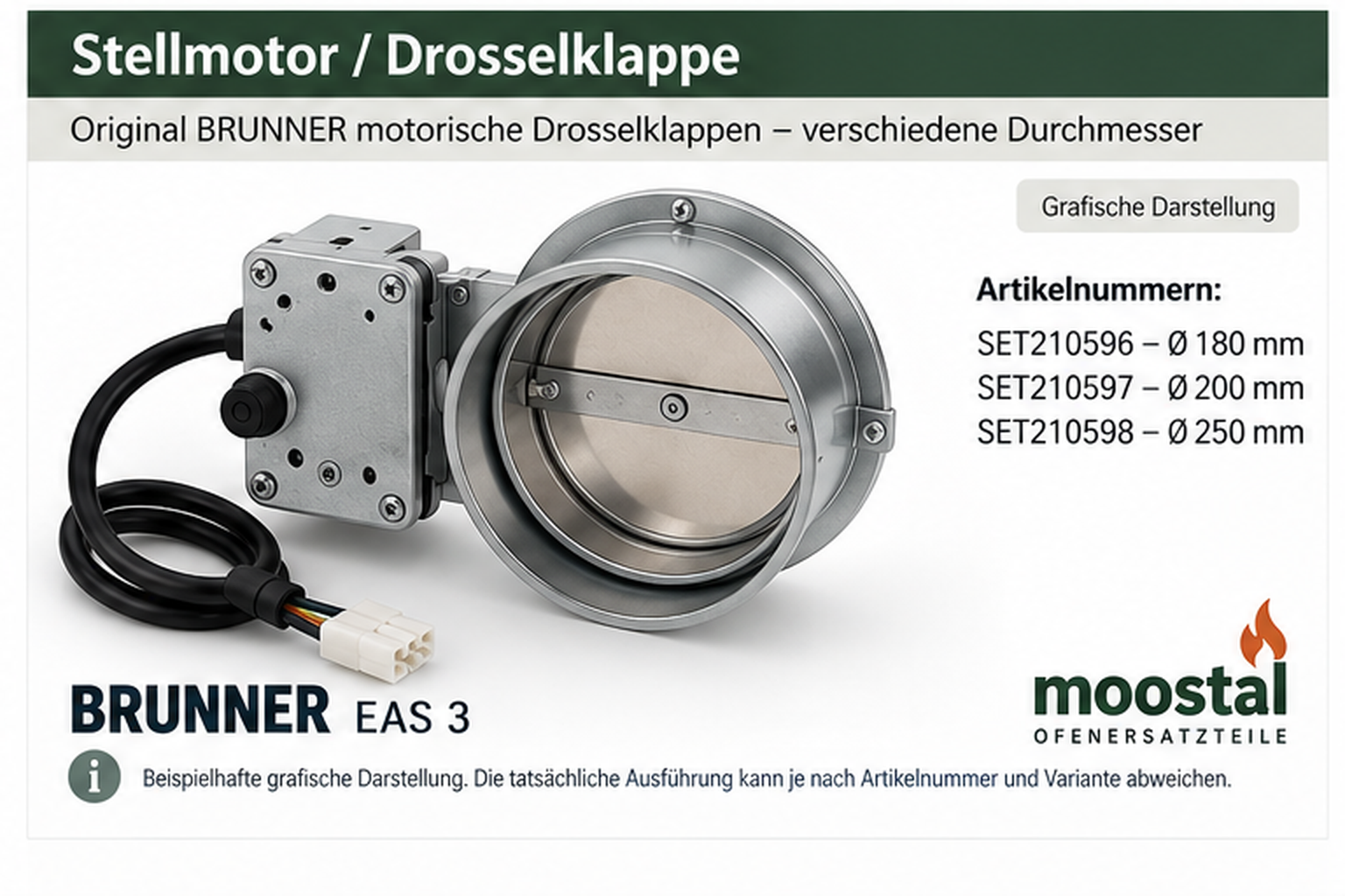BRUNNER EAS 3 motorische Drosselklappe mit Stellmotor – beispielhafte grafische Darstellung; tatsächliche Ausführung kann je nach Artikelnummer und Variante abweichen